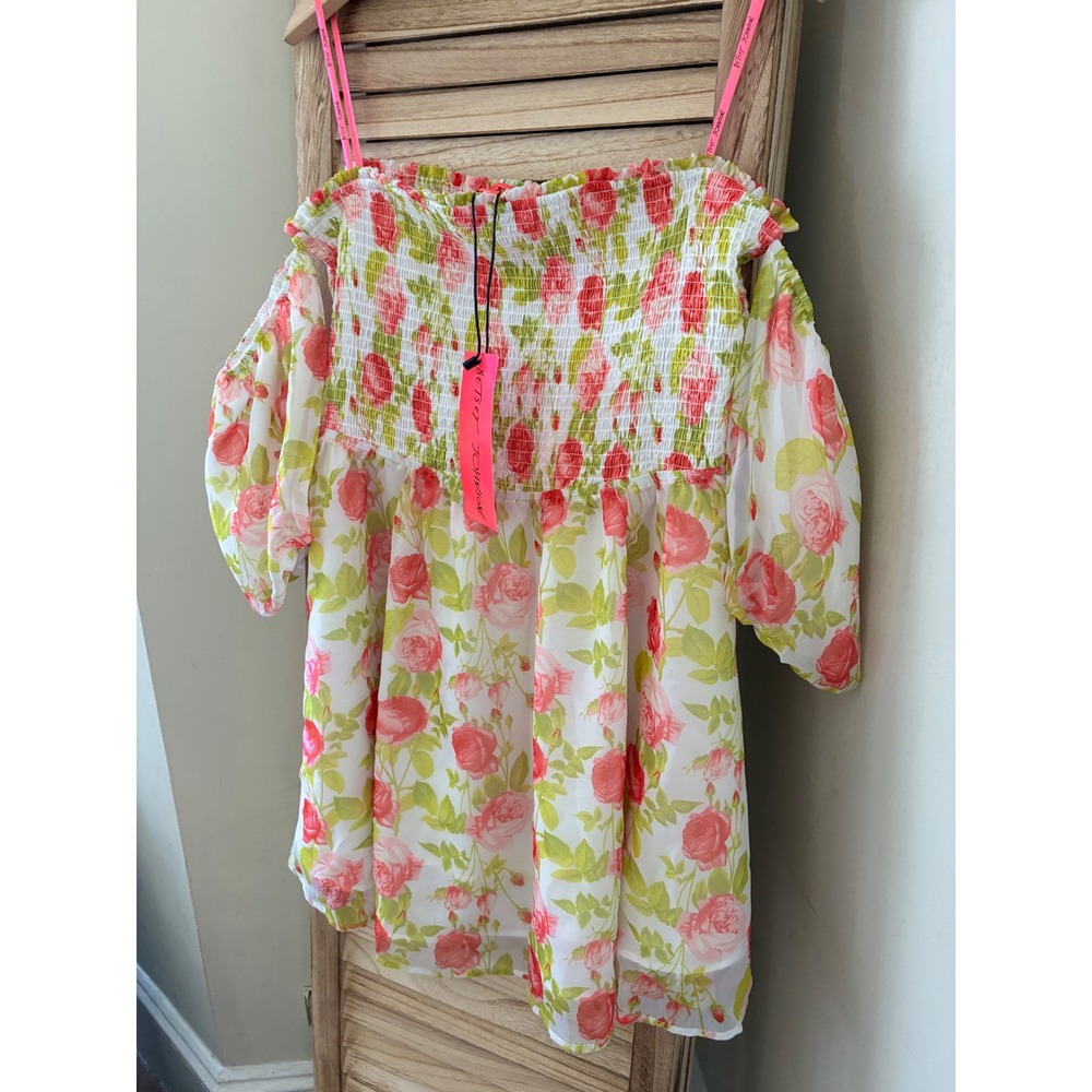 Betsey Johnson Floral Smocked Off Shoulder Puff Sleeve Top Pink Rose XL NWT